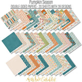 Pumpkin Season Paper & Sticker Kit, paper and sticker kit spread out image, showing 12x12 scrapbook paper and coordinating stickers for scrapbook layouts, photo albums, memory keeping, cards, and paper crafts. Buyer theme: Fall Scrapbook Paper & Sticker Kit 12x12. 12x12 fall scrapbook paper and sticker kit with pumpkins, cozy icons, harvest colors, and coordinating autumn embellishments. Visible artwork includes blankets, autumn leaves, acorns, berry sprigs