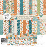 Pumpkin Season Paper & Sticker Kit, high resolution cover image, showing 12x12 scrapbook paper and coordinating stickers for scrapbook layouts, photo albums, memory keeping, cards, and paper crafts. Buyer theme: Fall Scrapbook Paper & Sticker Kit 12x12. 12x12 fall scrapbook paper and sticker kit with pumpkins, cozy icons, harvest colors, and coordinating autumn embellishments. Visible artwork includes hot drink mugs, pie slices, sweaters, blankets