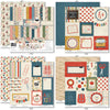 Ready for School Paper & Sticker Kit, 12x12 paper designs cover to 6 preview, showing 12x12 scrapbook paper and coordinating stickers for family history layouts, genealogy albums, heritage pages, and meaningful memory keeping. Buyer theme: Back to School Scrapbook Paper & Sticker Kit. Ready for School 12x12 Paper & Sticker Kit with double-sided school scrapbook papers, classroom cut-apart elements and coordinating stickers. Color palette includes mustard gold, vintage cream, chalkboard gray