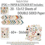 Ready for School Paper & Sticker Kit, includes image, showing 12x12 scrapbook paper and coordinating stickers for family history layouts, genealogy albums, heritage pages, and meaningful memory keeping. Buyer theme: Back to School Scrapbook Paper & Sticker Kit. Ready for School 12x12 Paper & Sticker Kit with double-sided school scrapbook papers, classroom cut-apart elements and coordinating stickers. Color palette includes apple red, brick red, blush pink