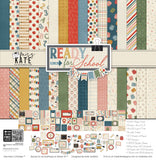 Ready for School Paper & Sticker Kit, high resolution cover image, showing 12x12 scrapbook paper and coordinating stickers for family history layouts, genealogy albums, heritage pages, and meaningful memory keeping. Buyer theme: Back to School Scrapbook Paper & Sticker Kit. Ready for School 12x12 Paper & Sticker Kit with double-sided school scrapbook papers, classroom cut-apart elements and coordinating stickers. Color palette includes deep navy blue, apple red, brick red