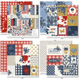 Red White and Bloom Paper & Sticker Kit, 12x12 paper designs cover to 6 preview, showing 12x12 scrapbook paper and coordinating stickers for scrapbook layouts, photo albums, memory keeping, cards, and paper crafts. Buyer theme: Patriotic & 4th of July Scrapbook Kit. Red White and Bloom Paper & Sticker Kit with navy and red florals, gingham, plaid, dots, gold butterflies, hearts and patriotic summer titles in red, blue, cream and gold
