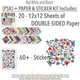Red White and Bloom Paper & Sticker Kit, includes image, showing 12x12 scrapbook paper and coordinating stickers for scrapbook layouts, photo albums, memory keeping, cards, and paper crafts. Buyer theme: Patriotic & 4th of July Scrapbook Kit. Red White and Bloom Paper & Sticker Kit with navy and red florals, gingham, plaid, dots, gold butterflies, hearts and patriotic summer titles in red, blue, cream and gold. Designed for Family gathering memories, Summer picnic pages, Card making