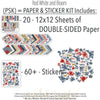 Red White and Bloom Paper & Sticker Kit, includes image, showing 12x12 scrapbook paper and coordinating stickers for scrapbook layouts, photo albums, memory keeping, cards, and paper crafts. Buyer theme: Patriotic & 4th of July Scrapbook Kit. Red White and Bloom Paper & Sticker Kit with navy and red florals, gingham, plaid, dots, gold butterflies, hearts and patriotic summer titles in red, blue, cream and gold. Designed for Family gathering memories, Summer picnic pages, Card making