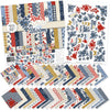 Red White and Bloom Paper & Sticker Kit, main product image, showing 12x12 scrapbook paper and coordinating stickers for scrapbook layouts, photo albums, memory keeping, cards, and paper crafts. Buyer theme: Patriotic & 4th of July Scrapbook Kit. Red White and Bloom Paper & Sticker Kit with navy and red florals, gingham, plaid, dots, gold butterflies, hearts and patriotic summer titles in red, blue, cream and gold