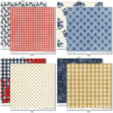 Red White and Bloom Paper & Sticker Kit, paper & sticker kit paper patterns 15 through 22 preview, showing 12x12 scrapbook paper and coordinating stickers for scrapbook layouts, photo albums, memory keeping, cards, and paper crafts. Buyer theme: Patriotic & 4th of July Scrapbook Kit. Red White and Bloom Paper & Sticker Kit with navy and red florals, gingham, plaid, dots, gold butterflies, hearts and patriotic summer titles in red, blue, cream and gold
