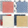 Red White and Bloom Paper & Sticker Kit, paper & sticker kit paper patterns 15 through 22 preview, showing 12x12 scrapbook paper and coordinating stickers for scrapbook layouts, photo albums, memory keeping, cards, and paper crafts. Buyer theme: Patriotic & 4th of July Scrapbook Kit. Red White and Bloom Paper & Sticker Kit with navy and red florals, gingham, plaid, dots, gold butterflies, hearts and patriotic summer titles in red, blue, cream and gold
