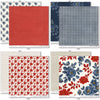 Red White and Bloom Paper & Sticker Kit, paper & sticker kit paper patterns 23 through 30 preview, showing 12x12 scrapbook paper and coordinating stickers for scrapbook layouts, photo albums, memory keeping, cards, and paper crafts. Buyer theme: Patriotic & 4th of July Scrapbook Kit. Red White and Bloom Paper & Sticker Kit with navy and red florals, gingham, plaid, dots, gold butterflies, hearts and patriotic summer titles in red, blue, cream and gold