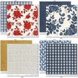 Red White and Bloom Paper & Sticker Kit, paper & sticker kit paper patterns 31 through 38 preview, showing 12x12 scrapbook paper and coordinating stickers for scrapbook layouts, photo albums, memory keeping, cards, and paper crafts. Buyer theme: Patriotic & 4th of July Scrapbook Kit. Red White and Bloom Paper & Sticker Kit with navy and red florals, gingham, plaid, dots, gold butterflies, hearts and patriotic summer titles in red, blue, cream and gold