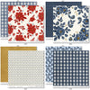 Red White and Bloom Paper & Sticker Kit, paper & sticker kit paper patterns 31 through 38 preview, showing 12x12 scrapbook paper and coordinating stickers for scrapbook layouts, photo albums, memory keeping, cards, and paper crafts. Buyer theme: Patriotic & 4th of July Scrapbook Kit. Red White and Bloom Paper & Sticker Kit with navy and red florals, gingham, plaid, dots, gold butterflies, hearts and patriotic summer titles in red, blue, cream and gold