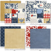 Red White and Bloom Paper & Sticker Kit, paper & sticker kit paper patterns 7 through 14 preview, showing 12x12 scrapbook paper and coordinating stickers for scrapbook layouts, photo albums, memory keeping, cards, and paper crafts. Buyer theme: Patriotic & 4th of July Scrapbook Kit. Red White and Bloom Paper & Sticker Kit with navy and red florals, gingham, plaid, dots, gold butterflies, hearts and patriotic summer titles in red, blue, cream and gold
