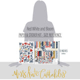 Red White and Bloom Paper & Sticker Kit, size guide image, showing 12x12 scrapbook paper and coordinating stickers for scrapbook layouts, photo albums, memory keeping, cards, and paper crafts. Buyer theme: Patriotic & 4th of July Scrapbook Kit. Red White and Bloom Paper & Sticker Kit with navy and red florals, gingham, plaid, dots, gold butterflies, hearts and patriotic summer titles in red, blue, cream and gold. Designed for Summer picnic pages, Card making, Mini albums