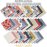 Red White and Bloom Paper & Sticker Kit, paper and sticker kit spread out image, showing 12x12 scrapbook paper and coordinating stickers for scrapbook layouts, photo albums, memory keeping, cards, and paper crafts. Buyer theme: Patriotic & 4th of July Scrapbook Kit. Red White and Bloom Paper & Sticker Kit with navy and red florals, gingham, plaid, dots, gold butterflies, hearts and patriotic summer titles in red, blue, cream and gold. Designed for Card making, Mini albums, Junk journals