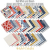Red White and Bloom Paper & Sticker Kit, paper and sticker kit spread out image, showing 12x12 scrapbook paper and coordinating stickers for scrapbook layouts, photo albums, memory keeping, cards, and paper crafts. Buyer theme: Patriotic & 4th of July Scrapbook Kit. Red White and Bloom Paper & Sticker Kit with navy and red florals, gingham, plaid, dots, gold butterflies, hearts and patriotic summer titles in red, blue, cream and gold. Designed for Card making, Mini albums, Junk journals