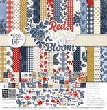 Red White and Bloom Paper & Sticker Kit, high resolution cover image, showing 12x12 scrapbook paper and coordinating stickers for scrapbook layouts, photo albums, memory keeping, cards, and paper crafts. Buyer theme: Patriotic & 4th of July Scrapbook Kit. Red White and Bloom Paper & Sticker Kit with navy and red florals, gingham, plaid, dots, gold butterflies, hearts and patriotic summer titles in red, blue, cream and gold