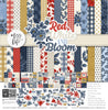 Red White and Bloom Paper & Sticker Kit, high resolution cover image, showing 12x12 scrapbook paper and coordinating stickers for scrapbook layouts, photo albums, memory keeping, cards, and paper crafts. Buyer theme: Patriotic & 4th of July Scrapbook Kit. Red White and Bloom Paper & Sticker Kit with navy and red florals, gingham, plaid, dots, gold butterflies, hearts and patriotic summer titles in red, blue, cream and gold