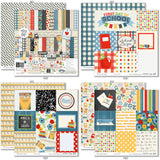 School is Cool Paper & Sticker Kit, 12x12 paper designs cover to 6 preview, showing 12x12 scrapbook paper and coordinating stickers for scrapbook layouts, photo albums, memory keeping, cards, and paper crafts. Buyer theme: Back to School 12x12 Scrapbook Paper & Sticker Kit. School is Cool Paper & Sticker Kit with apples, books, pencils, crayons, rulers, notebooks, backpacks, classroom titles, stars, plaids and graph-paper patterns