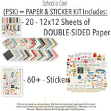 School is Cool Paper & Sticker Kit, includes image, showing 12x12 scrapbook paper and coordinating stickers for scrapbook layouts, photo albums, memory keeping, cards, and paper crafts. Buyer theme: Back to School 12x12 Scrapbook Paper & Sticker Kit. School is Cool Paper & Sticker Kit with apples, books, pencils, crayons, rulers, notebooks, backpacks, classroom titles, stars, plaids and graph-paper patterns. Designed for School-year albums, Teacher appreciation crafts, Classroom memory pages