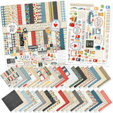 School is Cool Paper & Sticker Kit, main product image, showing 12x12 scrapbook paper and coordinating stickers for scrapbook layouts, photo albums, memory keeping, cards, and paper crafts. Buyer theme: Back to School 12x12 Scrapbook Paper & Sticker Kit. School is Cool Paper & Sticker Kit with apples, books, pencils, crayons, rulers, notebooks, backpacks, classroom titles, stars, plaids and graph-paper patterns