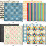 School is Cool Paper & Sticker Kit, paper & sticker kit paper patterns 15 through 22 preview, showing 12x12 scrapbook paper and coordinating stickers for scrapbook layouts, photo albums, memory keeping, cards, and paper crafts. Buyer theme: Back to School 12x12 Scrapbook Paper & Sticker Kit. School is Cool Paper & Sticker Kit with apples, books, pencils, crayons, rulers, notebooks, backpacks, classroom titles, stars, plaids and graph-paper patterns