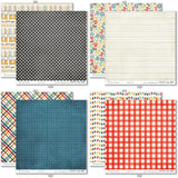 School is Cool Paper & Sticker Kit, paper & sticker kit paper patterns 31 through 38 preview, showing 12x12 scrapbook paper and coordinating stickers for scrapbook layouts, photo albums, memory keeping, cards, and paper crafts. Buyer theme: Back to School 12x12 Scrapbook Paper & Sticker Kit. School is Cool Paper & Sticker Kit with apples, books, pencils, crayons, rulers, notebooks, backpacks, classroom titles, stars, plaids and graph-paper patterns