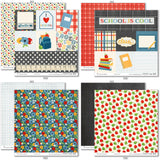 School is Cool Paper & Sticker Kit, paper & sticker kit paper patterns 7 through 14 preview, showing 12x12 scrapbook paper and coordinating stickers for scrapbook layouts, photo albums, memory keeping, cards, and paper crafts. Buyer theme: Back to School 12x12 Scrapbook Paper & Sticker Kit. School is Cool Paper & Sticker Kit with apples, books, pencils, crayons, rulers, notebooks, backpacks, classroom titles, stars, plaids and graph-paper patterns