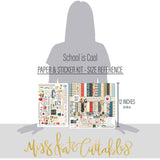 School is Cool Paper & Sticker Kit, size guide image, showing 12x12 scrapbook paper and coordinating stickers for scrapbook layouts, photo albums, memory keeping, cards, and paper crafts. Buyer theme: Back to School 12x12 Scrapbook Paper & Sticker Kit. School is Cool Paper & Sticker Kit with apples, books, pencils, crayons, rulers, notebooks, backpacks, classroom titles, stars, plaids and graph-paper patterns. Designed for Teacher appreciation crafts, Classroom memory pages, Card making