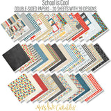 School is Cool Paper & Sticker Kit, paper and sticker kit spread out image, showing 12x12 scrapbook paper and coordinating stickers for scrapbook layouts, photo albums, memory keeping, cards, and paper crafts. Buyer theme: Back to School 12x12 Scrapbook Paper & Sticker Kit. School is Cool Paper & Sticker Kit with apples, books, pencils, crayons, rulers, notebooks, backpacks, classroom titles, stars, plaids and graph-paper patterns. Designed for Classroom memory pages, Card making, Mini albums