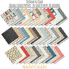 School is Cool Paper & Sticker Kit, paper and sticker kit spread out image, showing 12x12 scrapbook paper and coordinating stickers for scrapbook layouts, photo albums, memory keeping, cards, and paper crafts. Buyer theme: Back to School 12x12 Scrapbook Paper & Sticker Kit. School is Cool Paper & Sticker Kit with apples, books, pencils, crayons, rulers, notebooks, backpacks, classroom titles, stars, plaids and graph-paper patterns. Designed for Classroom memory pages, Card making, Mini albums