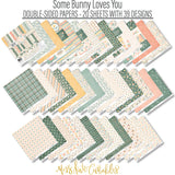 Some Bunny Loves You Paper & Sticker Kit, paper and sticker kit spread out image, showing 12x12 scrapbook paper and coordinating stickers for scrapbook layouts, photo albums, memory keeping, cards, and paper crafts. Buyer theme: Easter & Spring Scrapbook Paper Kit. Some Bunny Loves You Paper & Sticker Kit with pastel bunnies, eggs, carrots, tulips, florals, plaid, dots and cheerful Easter and spring titles in peach, mint, sage, yellow and cream