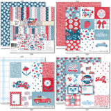 Stars and Stripes Paper & Sticker Kit, 12x12 paper designs cover to 6 preview, showing 12x12 scrapbook paper and coordinating stickers for scrapbook layouts, photo albums, memory keeping, cards, and paper crafts. Buyer theme: Patriotic 4th of July Scrapbook Paper Kit. 12x12 Stars and Stripes Paper & Sticker Kit with patriotic patterned papers, July element cards and coordinating red white and blue stickers