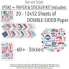 Stars and Stripes Paper & Sticker Kit, includes image, showing 12x12 scrapbook paper and coordinating stickers for scrapbook layouts, photo albums, memory keeping, cards, and paper crafts. Buyer theme: Patriotic 4th of July Scrapbook Paper Kit. 12x12 Stars and Stripes Paper & Sticker Kit with patriotic patterned papers, July element cards and coordinating red white and blue stickers. Scrapbook paper and sticker kit, 12x12 scrapbook supplies, photo album paper, and coordinated memory keeping
