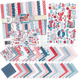 Stars and Stripes Paper & Sticker Kit, main product image, showing 12x12 scrapbook paper and coordinating stickers for scrapbook layouts, photo albums, memory keeping, cards, and paper crafts. Buyer theme: Patriotic 4th of July Scrapbook Paper Kit. 12x12 Stars and Stripes Paper & Sticker Kit with patriotic patterned papers, July element cards and coordinating red white and blue stickers. Scrapbook paper and sticker kit, 12x12 scrapbook supplies, photo album paper, and coordinated memory keeping