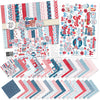 Stars and Stripes Paper & Sticker Kit, main product image, showing 12x12 scrapbook paper and coordinating stickers for scrapbook layouts, photo albums, memory keeping, cards, and paper crafts. Buyer theme: Patriotic 4th of July Scrapbook Paper Kit. 12x12 Stars and Stripes Paper & Sticker Kit with patriotic patterned papers, July element cards and coordinating red white and blue stickers. Scrapbook paper and sticker kit, 12x12 scrapbook supplies, photo album paper, and coordinated memory keeping