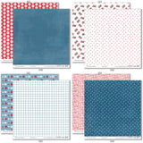 Stars and Stripes Paper & Sticker Kit, paper & sticker kit paper patterns 23 through 30 preview, showing 12x12 scrapbook paper and coordinating stickers for scrapbook layouts, photo albums, memory keeping, cards, and paper crafts. Buyer theme: Patriotic 4th of July Scrapbook Paper Kit. 12x12 Stars and Stripes Paper & Sticker Kit with patriotic patterned papers, July element cards and coordinating red white and blue stickers