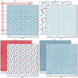 Stars and Stripes Paper & Sticker Kit, paper & sticker kit paper patterns 31 through 38 preview, showing 12x12 scrapbook paper and coordinating stickers for scrapbook layouts, photo albums, memory keeping, cards, and paper crafts. Buyer theme: Patriotic 4th of July Scrapbook Paper Kit. 12x12 Stars and Stripes Paper & Sticker Kit with patriotic patterned papers, July element cards and coordinating red white and blue stickers