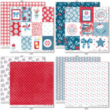 Stars and Stripes Paper & Sticker Kit, paper & sticker kit paper patterns 7 through 14 preview, showing 12x12 scrapbook paper and coordinating stickers for scrapbook layouts, photo albums, memory keeping, cards, and paper crafts. Buyer theme: Patriotic 4th of July Scrapbook Paper Kit. 12x12 Stars and Stripes Paper & Sticker Kit with patriotic patterned papers, July element cards and coordinating red white and blue stickers