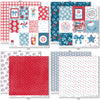 Stars and Stripes Paper & Sticker Kit, paper & sticker kit paper patterns 7 through 14 preview, showing 12x12 scrapbook paper and coordinating stickers for scrapbook layouts, photo albums, memory keeping, cards, and paper crafts. Buyer theme: Patriotic 4th of July Scrapbook Paper Kit. 12x12 Stars and Stripes Paper & Sticker Kit with patriotic patterned papers, July element cards and coordinating red white and blue stickers