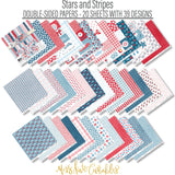 Stars and Stripes Paper & Sticker Kit, paper and sticker kit spread out image, showing 12x12 scrapbook paper and coordinating stickers for scrapbook layouts, photo albums, memory keeping, cards, and paper crafts. Buyer theme: Patriotic 4th of July Scrapbook Paper Kit. 12x12 Stars and Stripes Paper & Sticker Kit with patriotic patterned papers, July element cards and coordinating red white and blue stickers