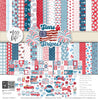 Stars and Stripes Paper & Sticker Kit, high resolution cover image, showing 12x12 scrapbook paper and coordinating stickers for scrapbook layouts, photo albums, memory keeping, cards, and paper crafts. Buyer theme: Patriotic 4th of July Scrapbook Paper Kit. 12x12 Stars and Stripes Paper & Sticker Kit with patriotic patterned papers, July element cards and coordinating red white and blue stickers