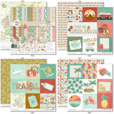 The World Awaits Paper & Sticker Kit, 12x12 paper designs cover to 6 preview, showing 12x12 scrapbook paper and coordinating stickers for scrapbook layouts, photo albums, memory keeping, cards, and paper crafts. Buyer theme: Travel & Vacation Scrapbook Paper & Sticker Kit. 12x12 travel paper and sticker kit with tropical florals, maps, vans, airplanes and vacation-themed cut-apart elements. Visible artwork includes globe, map, vintage van, suitcase. Color palette includes charcoal, coral, mint