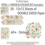 The World Awaits Paper & Sticker Kit, includes image, showing 12x12 scrapbook paper and coordinating stickers for scrapbook layouts, photo albums, memory keeping, cards, and paper crafts. Buyer theme: Travel & Vacation Scrapbook Paper & Sticker Kit. 12x12 travel paper and sticker kit with tropical florals, maps, vans, airplanes and vacation-themed cut-apart elements. Visible artwork includes monstera leaves, palm fronds, airplane, passport. Color palette includes teal, mustard, yellow