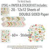 The World Awaits Paper & Sticker Kit, includes image, showing 12x12 scrapbook paper and coordinating stickers for scrapbook layouts, photo albums, memory keeping, cards, and paper crafts. Buyer theme: Travel & Vacation Scrapbook Paper & Sticker Kit. 12x12 travel paper and sticker kit with tropical florals, maps, vans, airplanes and vacation-themed cut-apart elements. Visible artwork includes monstera leaves, palm fronds, airplane, passport. Color palette includes teal, mustard, yellow