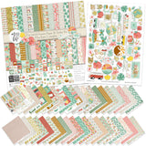 The World Awaits Paper & Sticker Kit, main product image, showing 12x12 scrapbook paper and coordinating stickers for scrapbook layouts, photo albums, memory keeping, cards, and paper crafts. Buyer theme: Travel & Vacation Scrapbook Paper & Sticker Kit. 12x12 travel paper and sticker kit with tropical florals, maps, vans, airplanes and vacation-themed cut-apart elements. Visible artwork includes hibiscus flowers, plumeria flowers, monstera leaves, palm fronds