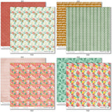 The World Awaits Paper & Sticker Kit, paper & sticker kit paper patterns 23 through 30 preview, showing 12x12 scrapbook paper and coordinating stickers for scrapbook layouts, photo albums, memory keeping, cards, and paper crafts. Buyer theme: Travel & Vacation Scrapbook Paper & Sticker Kit. 12x12 travel paper and sticker kit with tropical florals, maps, vans, airplanes and vacation-themed cut-apart elements. Visible artwork includes suitcase, road sign, hibiscus flowers, plumeria flowers