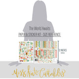 The World Awaits Paper & Sticker Kit, size guide image, showing 12x12 scrapbook paper and coordinating stickers for scrapbook layouts, photo albums, memory keeping, cards, and paper crafts. Buyer theme: Travel & Vacation Scrapbook Paper & Sticker Kit. 12x12 travel paper and sticker kit with tropical florals, maps, vans, airplanes and vacation-themed cut-apart elements. Visible artwork includes palm fronds, airplane, passport, camera. Color palette includes mustard, yellow, sage