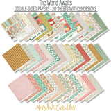 The World Awaits Paper & Sticker Kit, paper and sticker kit spread out image, showing 12x12 scrapbook paper and coordinating stickers for scrapbook layouts, photo albums, memory keeping, cards, and paper crafts. Buyer theme: Travel & Vacation Scrapbook Paper & Sticker Kit. 12x12 travel paper and sticker kit with tropical florals, maps, vans, airplanes and vacation-themed cut-apart elements. Visible artwork includes airplane, passport, camera, globe. Color palette includes yellow, sage, white