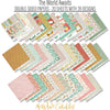 The World Awaits Paper & Sticker Kit, paper and sticker kit spread out image, showing 12x12 scrapbook paper and coordinating stickers for scrapbook layouts, photo albums, memory keeping, cards, and paper crafts. Buyer theme: Travel & Vacation Scrapbook Paper & Sticker Kit. 12x12 travel paper and sticker kit with tropical florals, maps, vans, airplanes and vacation-themed cut-apart elements. Visible artwork includes airplane, passport, camera, globe. Color palette includes yellow, sage, white