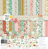The World Awaits Paper & Sticker Kit, high resolution cover image, showing 12x12 scrapbook paper and coordinating stickers for scrapbook layouts, photo albums, memory keeping, cards, and paper crafts. Buyer theme: Travel & Vacation Scrapbook Paper & Sticker Kit. 12x12 travel paper and sticker kit with tropical florals, maps, vans, airplanes and vacation-themed cut-apart elements. Visible artwork includes plumeria flowers, monstera leaves, palm fronds, airplane