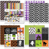 Trick or Treat Collection, 12x12 paper designs cover to 6 preview, showing coordinated Paper & Sticker Kit, full-size Die Cuts, and Sticker Sheet for scrapbook layouts, memory albums, cards, journals, and keepsakes. Buyer theme: Coordinated Cute Halloween Collection. Trick or Treat coordinated scrapbook collection with 12x12 paper, stickers and die-cut Halloween embellishments. Scrapbook collection, paper and sticker supplies, die cut embellishments, and coordinated memory keeping products